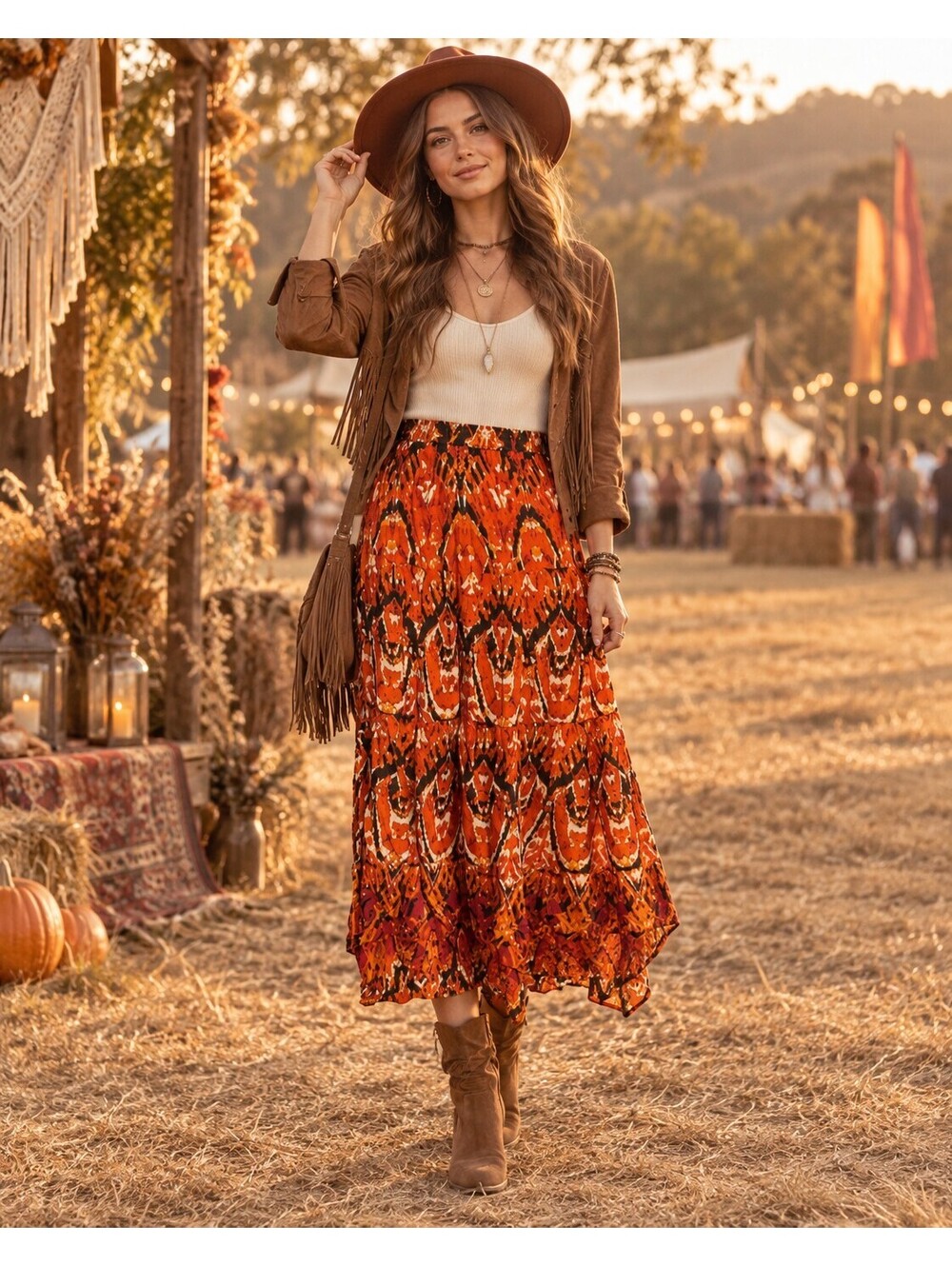 Notations Midi Skirt Womens S Orange Abstract Ikat Boho Festival Flowy Artsy